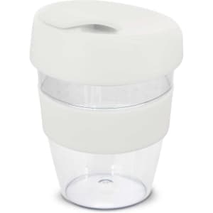 A drink bottle in white and clear, featuring a sleek design and a lid. It has a logo on the surface.