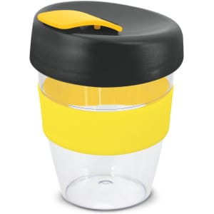 A drink bottle with a transparent body, yellow silicone band, and a black lid. It features a logo.