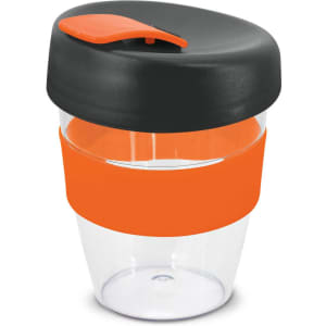 A drink bottle featuring a clear body, black lid, and an orange silicone band. It includes a logo.