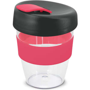 A drink bottle with a clear body, black lid, and pink silicone band. It has a logo on the side.