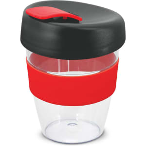 A drink bottle featuring a transparent cup with a red band and black lid. It has a logo on the side.