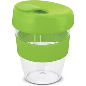 A drink bottle featuring a clear body with a bright green lid and silicone sleeve. It has a logo on the surface.