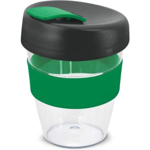 A drink bottle featuring a clear body with a green silicone band and a black lid. It has a logo on its surface.