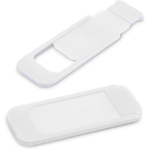 A white webcam cover designed to slide open and closed, featuring a sleek and minimalist design.