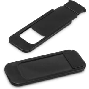 A black webcam cover with two pieces designed to slide over a camera lens. Features a minimalist design.