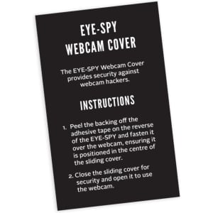 A black webcam cover with instructions for securing against webcam hacking, featuring a simple sliding design.