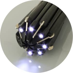 A multi-tool with black casing featuring multiple light elements and a logo. Compact and designed for various tasks.