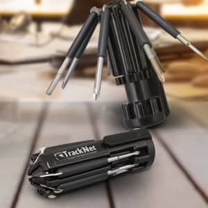 A multi-tool set featuring various tools in a compact black casing, with a branding logo visible.