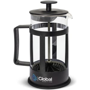 A small glass coffee plunger with a black handle and base, featuring a logo on the front.