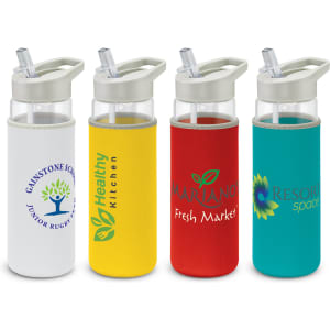 A drink bottle with a transparent glass body and colourful neoprene sleeves in white, yellow, red, and teal, featuring a logo.