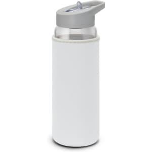 A drink bottle with a transparent glass body and a light grey neoprene sleeve. It features a flip-top lid and has a logo.