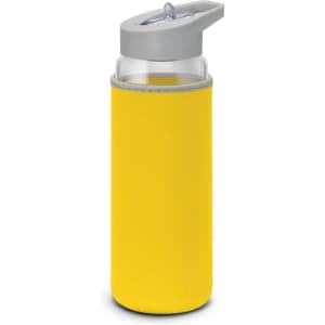 A drink bottle with a clear glass body and a yellow neoprene sleeve, featuring a grey lid and spout.