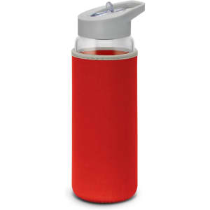 A drink bottle with a clear glass body, grey cap, and a vibrant red neoprene sleeve. It has a logo on the sleeve.