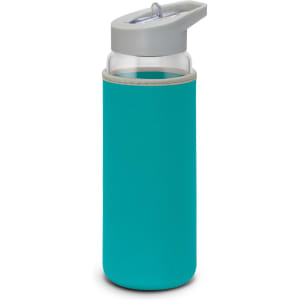 A drink bottle with a turquoise neoprene sleeve and a grey lid, featuring a clear glass body and a spout.