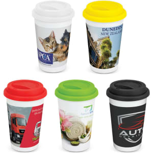 A set of five Aztec double wall coffee cups in white, yellow, red, green, and black, featuring various designs and a logo.