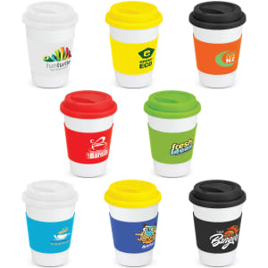 A collection of eight coffee cups in various colours, each featuring different branding and designs.