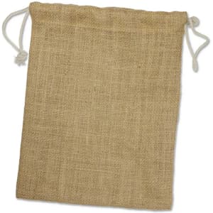 A medium jute produce bag in a natural beige colour with drawstring closure and a simple logo.