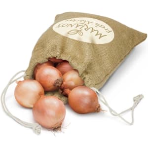 A medium jute produce bag in light brown, filled with several onions and tied with a drawstring.