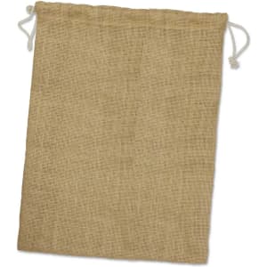 A large, natural jute produce bag with a drawstring closure, made from durable, eco-friendly material.