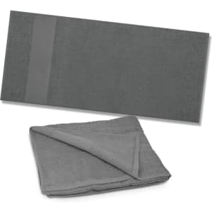 A grey beach towel displayed flat and folded, featuring a simple design with a branding logo.
