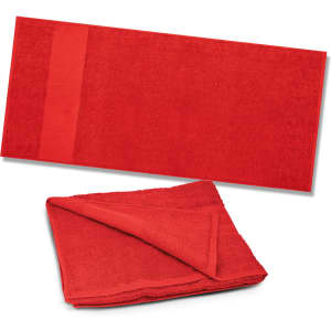 A vibrant red beach towel, featuring a smooth panel and plush texture, with a folded towel displayed beside it.