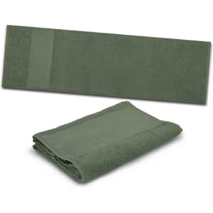 A green sports towel, displayed both flat and folded, featuring a logo on one side.