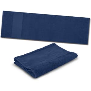 A navy blue gym towel displayed flat and folded, featuring a textured design and a logo.