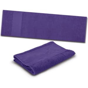 A purple sports towel with a flat section and a folded version, featuring a logo on the edge.