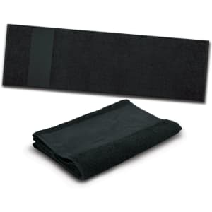 A black sports towel displayed unfolded and folded, featuring a simple design and a logo.