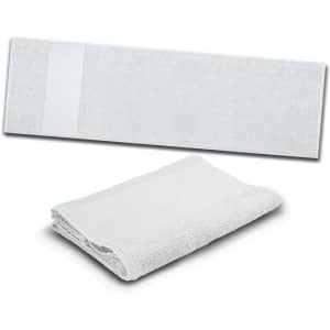 A white sports towel, featuring a textured surface, displayed both laid flat and folded for convenience.