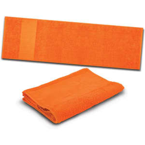 An orange towel, displayed both flat and folded, featuring a subtle branding logo.