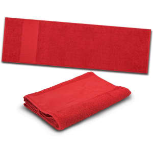 A red sports towel displayed flat and folded, featuring a blank area for branding.