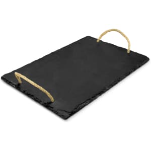 A black slate serving board with rope handles, ideal for serving cheese and other dishes.