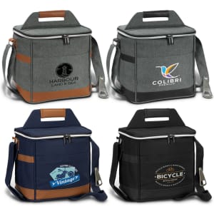 A collection of four cooler bags in grey, navy blue, and black with different logos and leather accents.