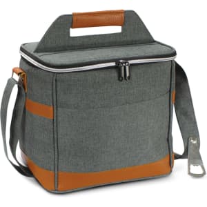 A green cooler bag with leather accents, featuring a zippered top and a detachable shoulder strap.