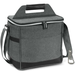 A green cooler bag with a top handle, adjustable strap, and a bottle opener attachment. It has a logo on the front.