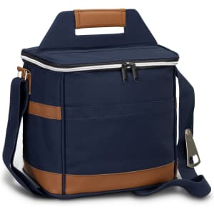 A navy blue cooler bag with a brown accent, featuring a zip closure and a removable shoulder strap.