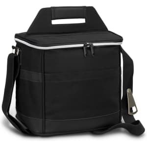 A black cooler bag with a zippered top, a carry handle, and a detachable shoulder strap. It features a logo on the front.