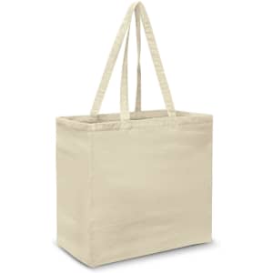 A cream cotton tote bag with two long handles, featuring a simple design and a logo on one side.