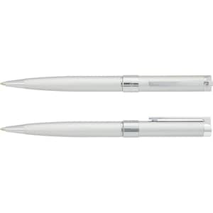 A silver and white metal pen set featuring a sleek design and a clip. Includes one capped and one retractable pen.