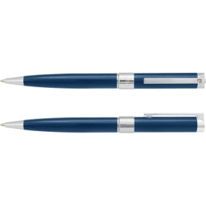 A blue metal pen set with silver accents, featuring a sleek and elegant design.