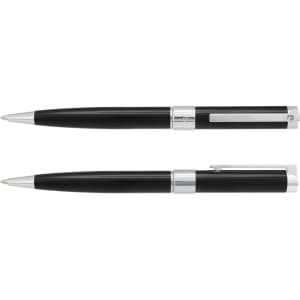 A black metal pen set with silver accents, featuring a sleek design and a logo on the body.