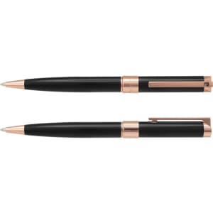 A set of black metal pens with rose gold accents, featuring a sleek design and a logo on the clip.