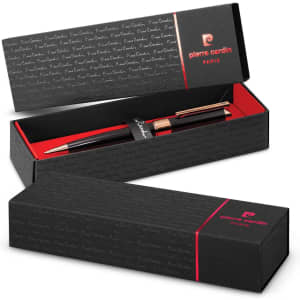 A metal pen with a sleek black design, presented in an elegant black box with branding.