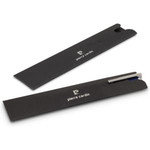 A metal pen in a black presentation case, featuring a silver clip and branding on the case.