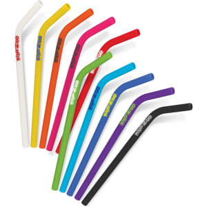 Ten colourful silicone drinking straws in various shades, including white, orange, pink, blue, turquoise, and purple, with branding.