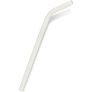 A silicone drinking straw in a light cream colour, featuring a slight bend. The product has a logo on it.