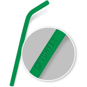 A green silicone straw with a curved design, featuring the embossed logo "Vortex."
