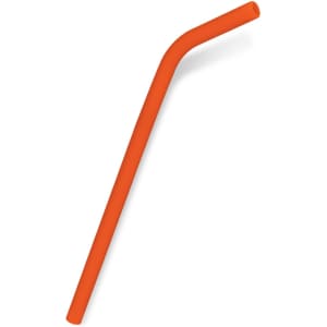 An orange silicone drinking straw with an angled design.