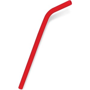 A red silicone drinking straw with a bent design, suitable for various beverages.